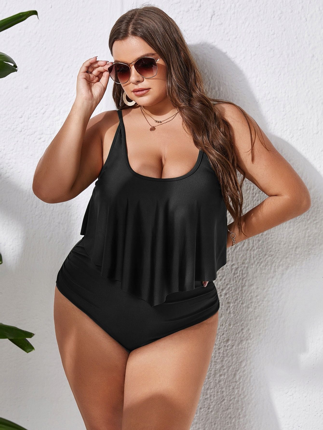 Tankini Strój Kąpielowy Czarny Z Falbanką + Figi Shein 3Xl