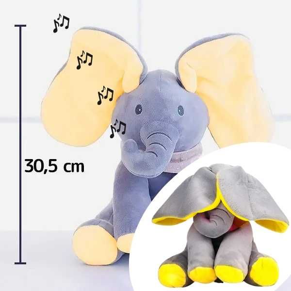 Elefante de peluche canta e ri