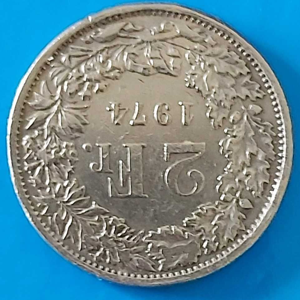 2 Francos de 1974 da Suíça com Reverso invertido