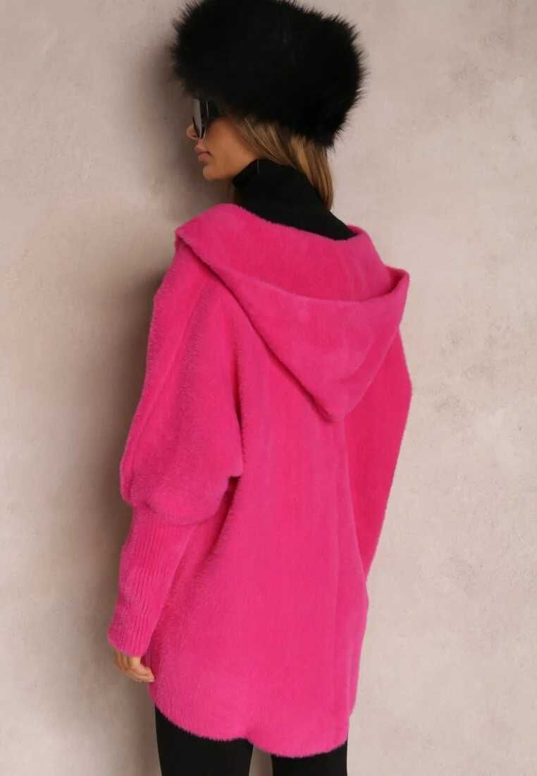 Женское модное пальто-кардиган альпака с капюшоном. Цвет фуксия. 48-50