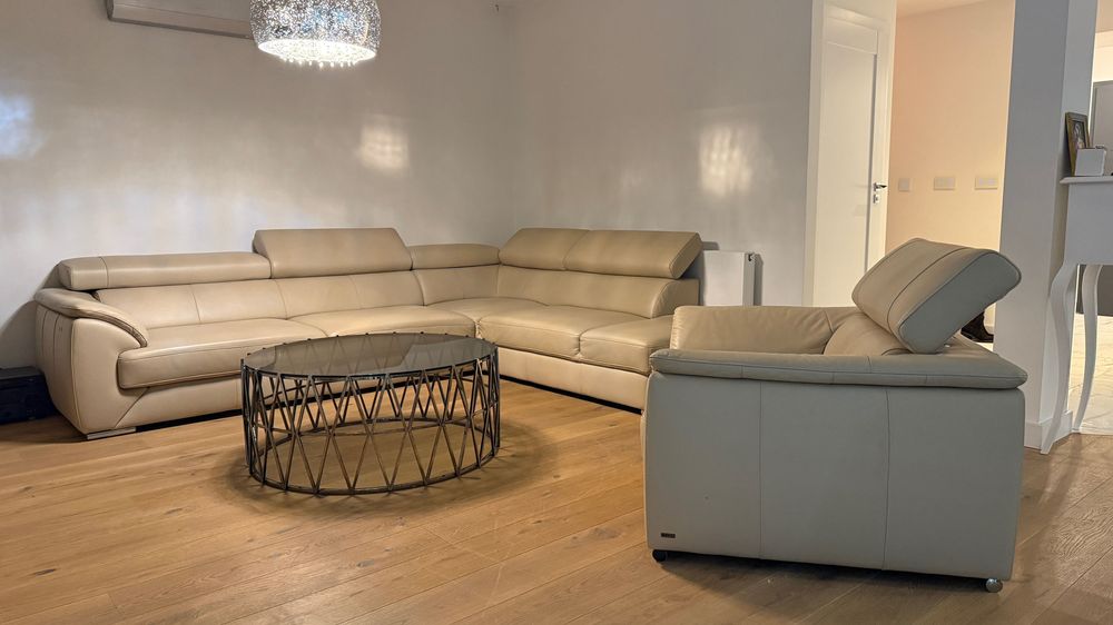 Narożnik KLER + Fotel Ottava prawostronny beżowy, skóra naturalna