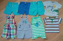 Ogrodniczki, spodenki, T-shirty, rozmiar 80