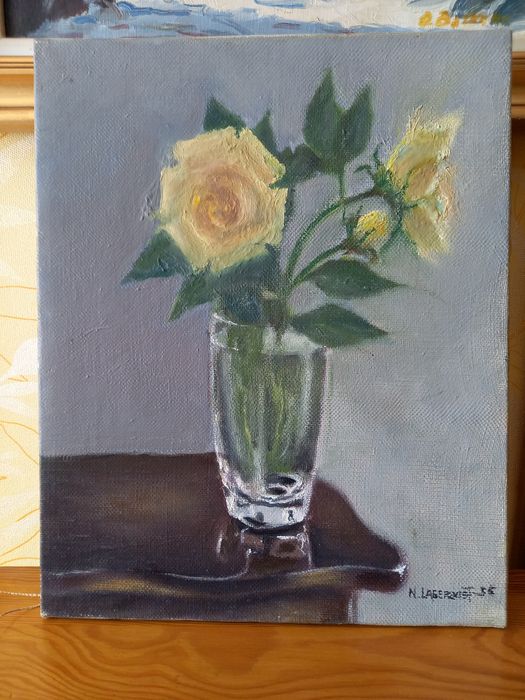 Obraz olejny. Róże w szklanym wazonie.