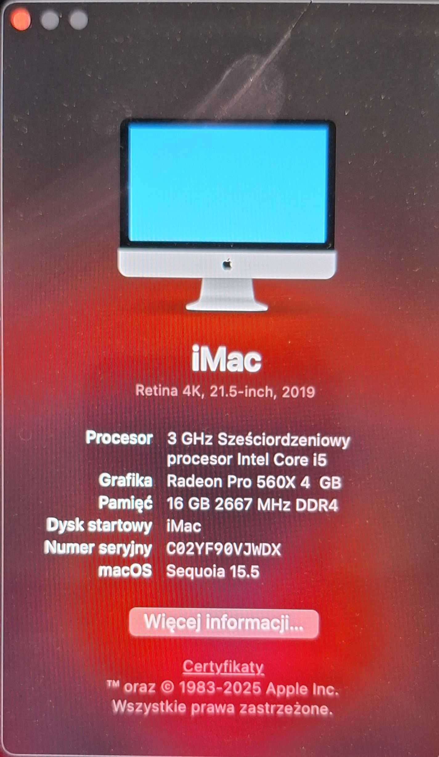 Apple Imac 2019 i5, 16gb ddr4, 1,5tb ssd z wadą ekranu.