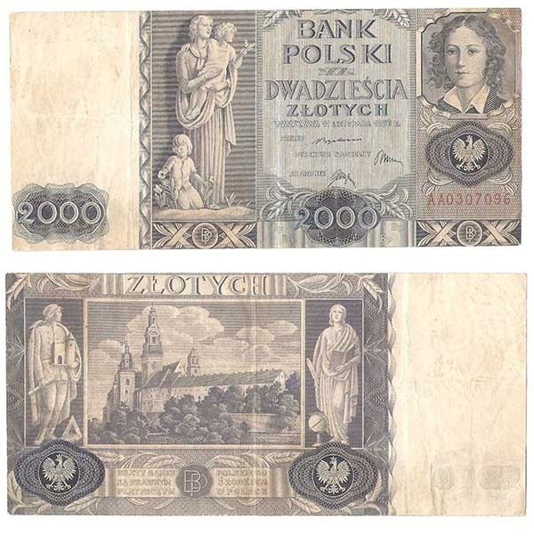 Banknot 20 zł 1936 PRZERÓBKA na 2000 zł 1966