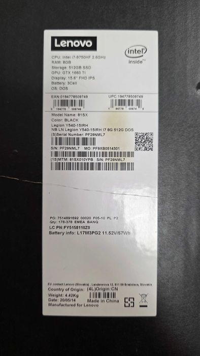 Lenovo Legion Y540 Intel i7 9th 32GB RAM GTX 1660 TI 6GB 520GB j.NOWY