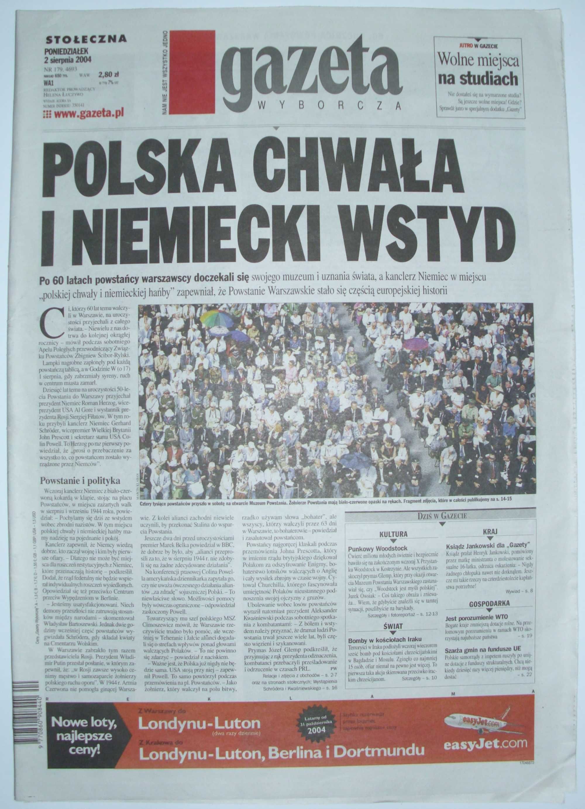 Gazeta Wyborcza 02.08.2004. 60. rocznica Powstania / Muzeum Powstania