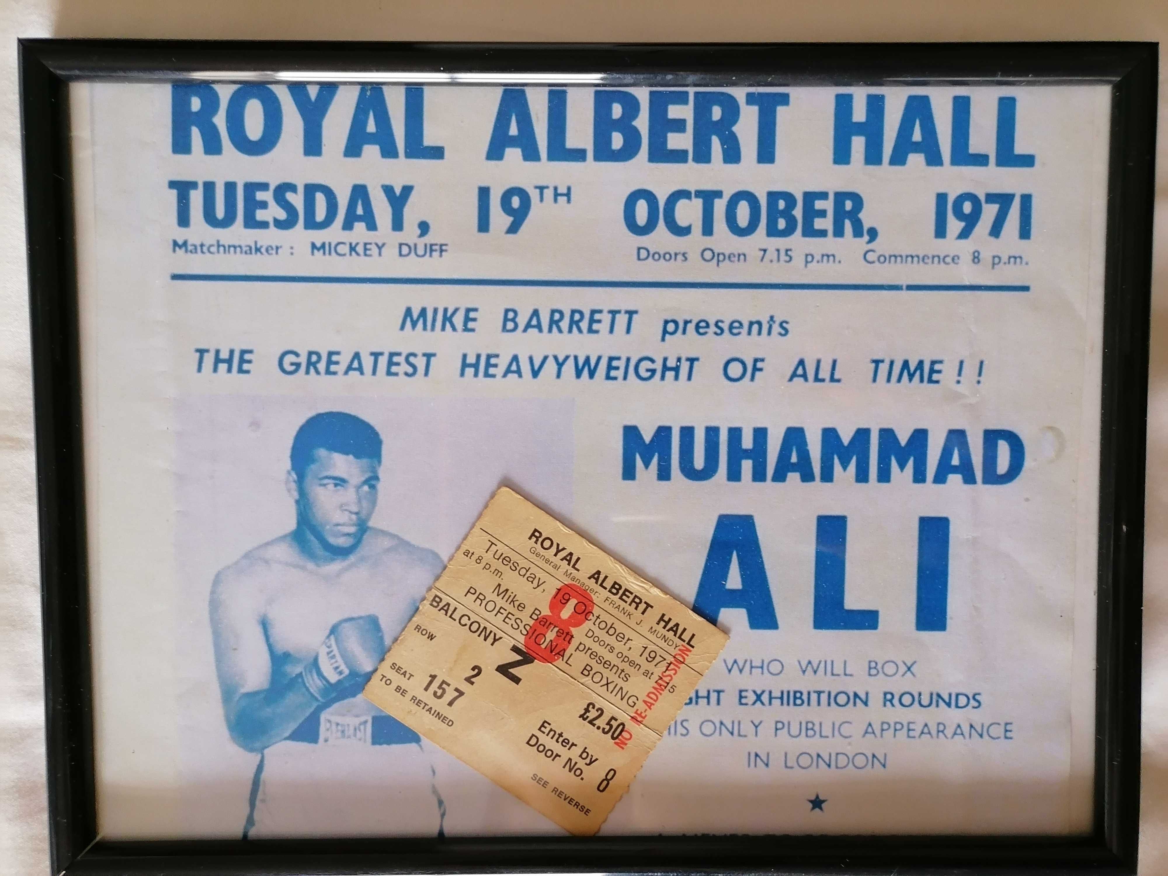 BOXE Raríssimo MUHAMMAD ALI 1971 Bilhete ORIGINAL Combate Royal Hall