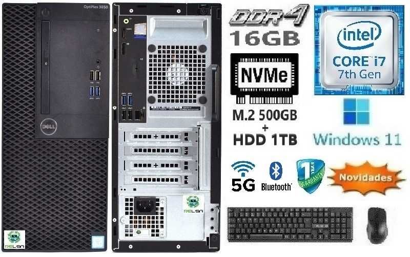 Pç/Torre DELL 3050 7ªG|i7.7700-3.6Ghz|16G|HDMI|NVMe512G+HDD1TB|W11Pt