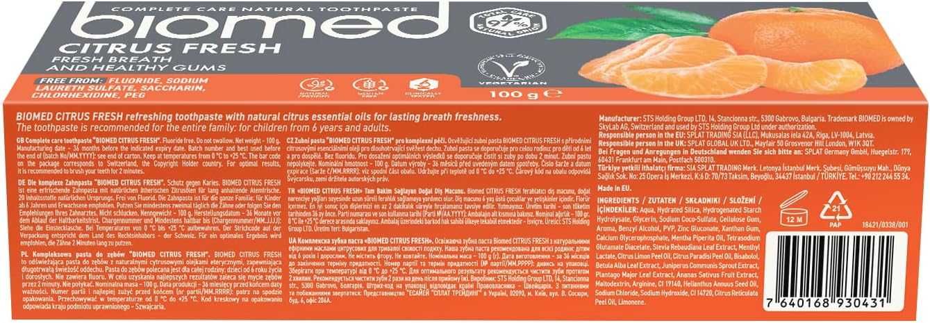 Pasta de Dentes Biomed CitrusFresh 100 g Vegano Sem Fluor