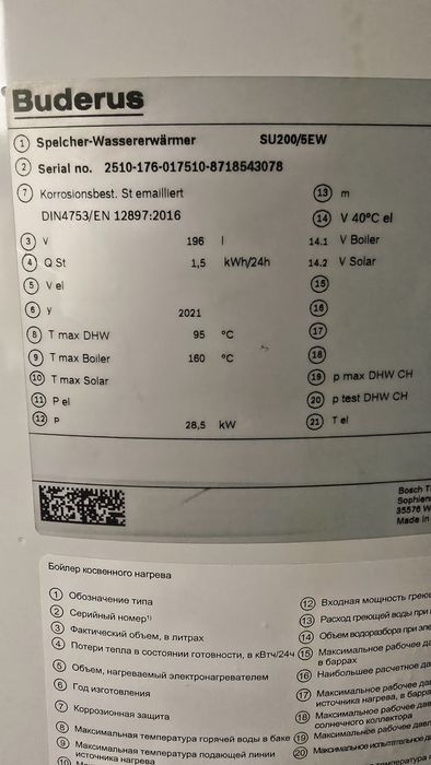 Бак, бойлер косвенного нагрева  200 л  Buderus SU200/5ew