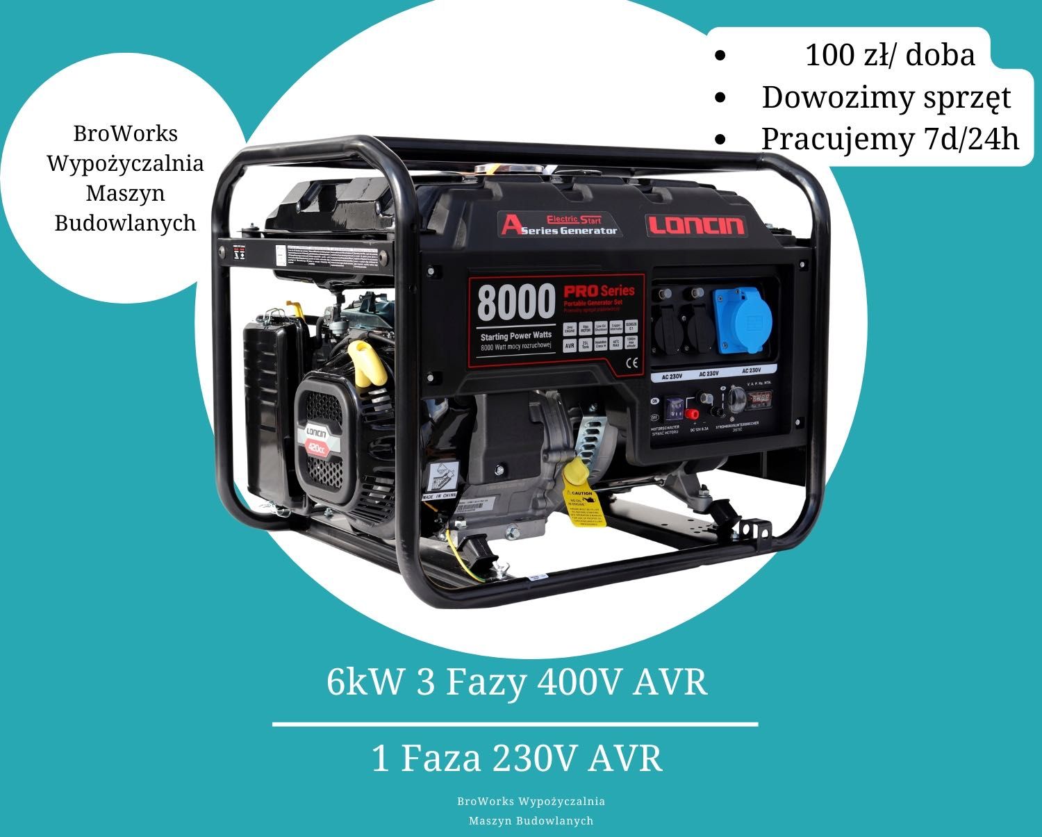 Agregat Prądotwórczy 6kW 400V/230v 3 Fazy Dowozimy 24h/7dni Wynajem
