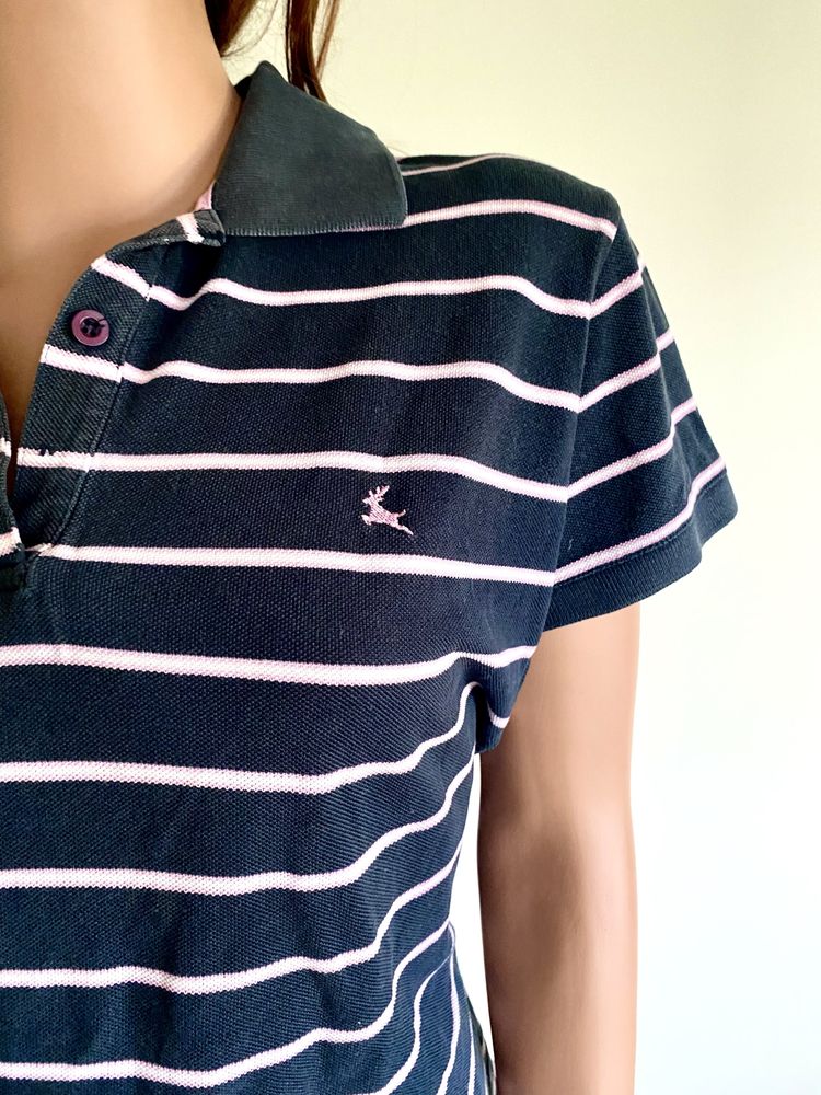 Polo tshirt granatowy w różowo-biały pasy r.16