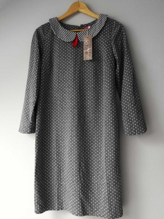 Sukienka ciążowa Happymum, szara w białe groszki, rozmiar S, nowa