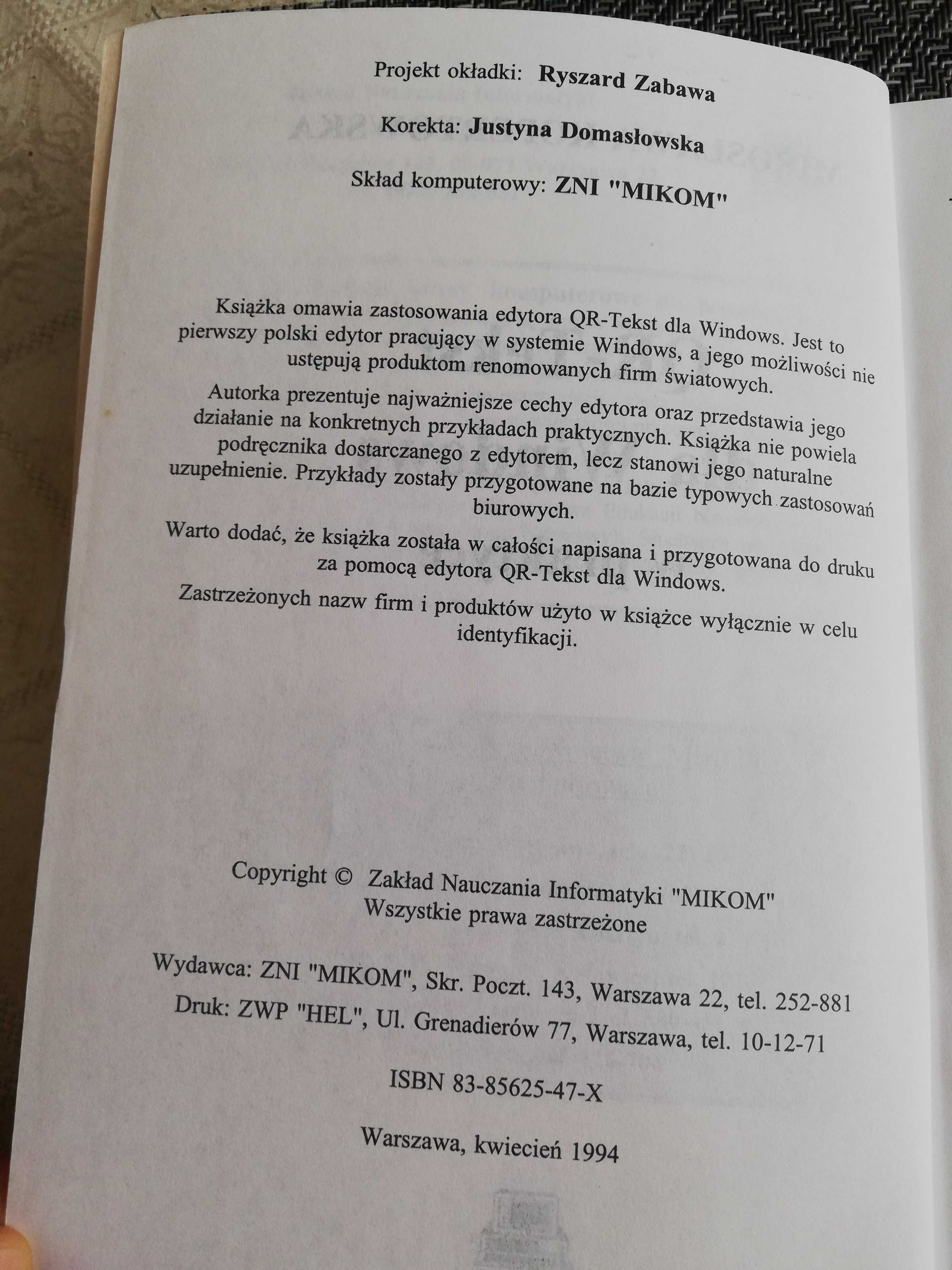 QR-Tekst dla Windows w praktyce - Mirosława Kopertowska - 1994 rok