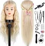 Cabeça de Manequim Top 70% Cabelo Real  Suporte de Mesa + Acessórios
