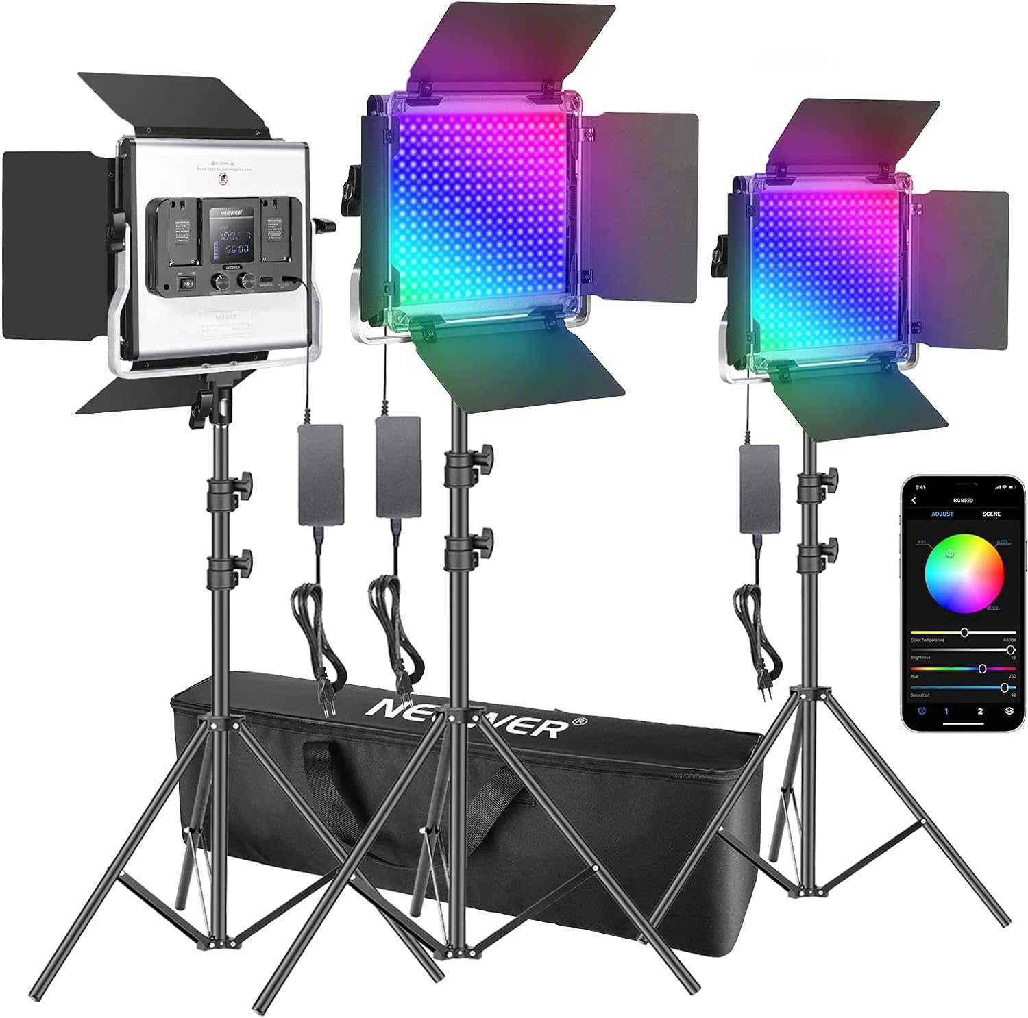 Conjunto triplo painéis LED RGB Vídeo Fotografia Neewer Leds luz cores