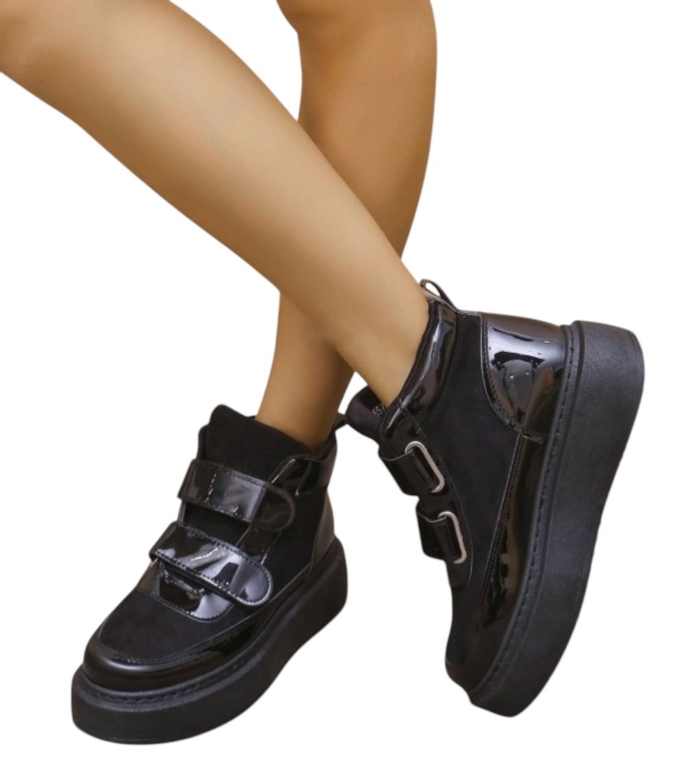 Buty damskie botki na platformie na rzepy r. 39 czarne lakierowane