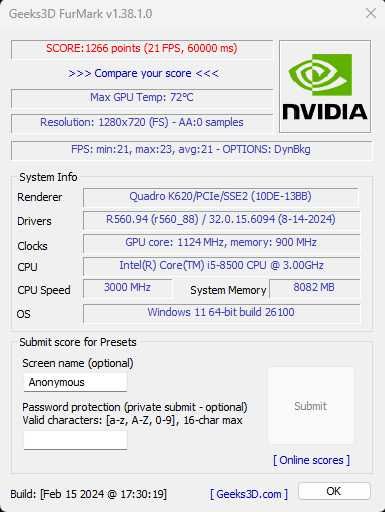 NVIDIA Quadro K620 2GB test w 3DMark FurMark Low Profile