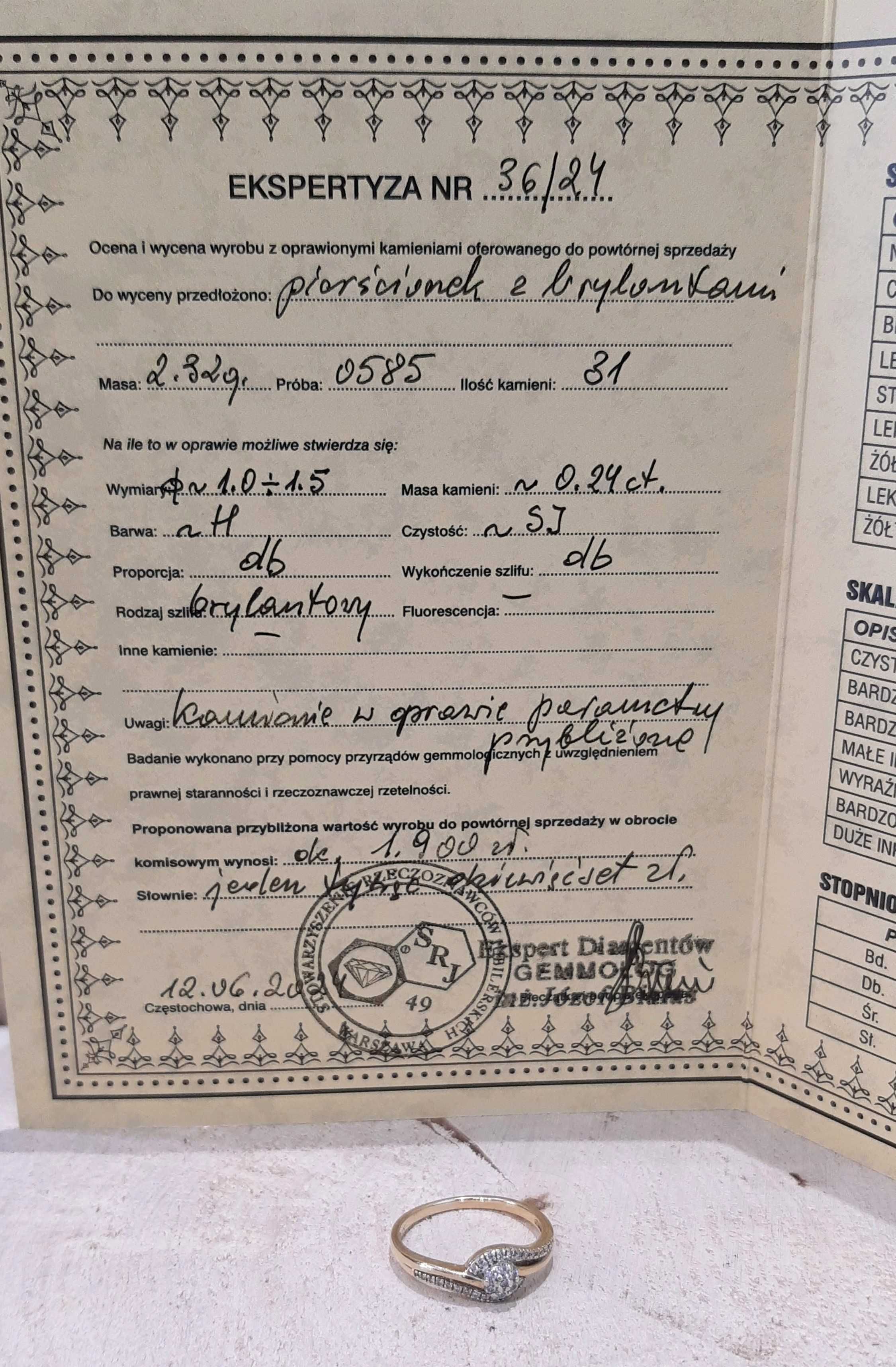 Złoty pierścionek z brylantami p.585/2,32g