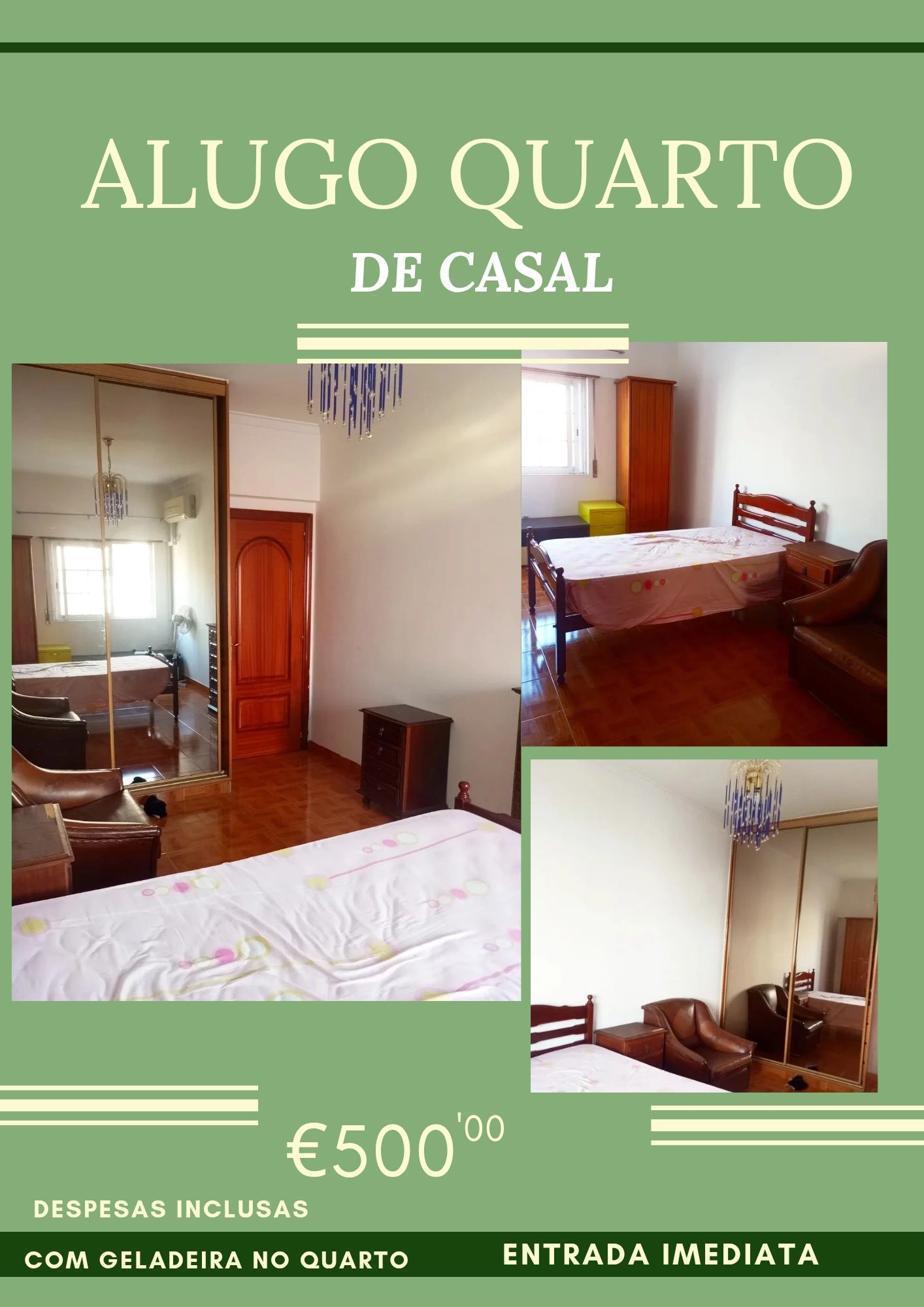 Quarto para casal com geladeira e casa espaçosa