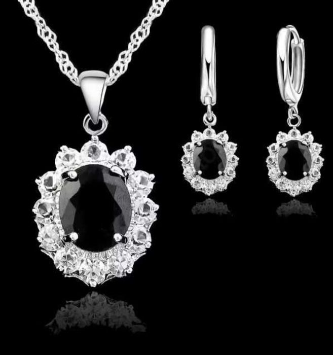 Zestaw komplet biżuteria wisior łańcuch kolczyki cyrkonia czarne owal
