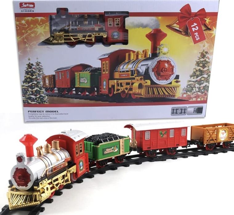 Дитяча різдвяна залізниця поїзд що світиться та гуде святкова іграшка