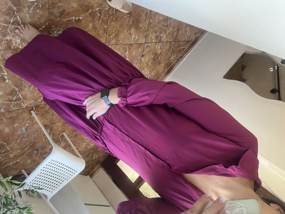 Fioletowa sukienka M midi elegancka koszulowa