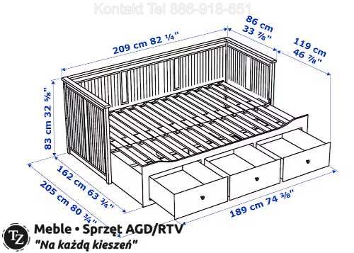 IKEA HEMNES Łóżko Leżanka z 3 szufladami, 2 materace, białe Transport