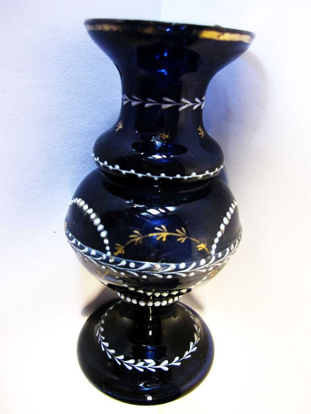 pequena antiga jarra em vidro cobalto policromado à mão - Sec. XIX