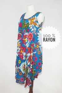 Nowa piękna niebieska sukienka w kolorowe kwiaty rayon free size