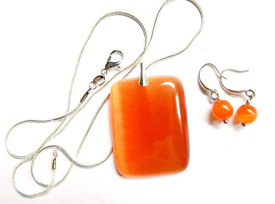 Pomarańczowy kwarc kocie oko, wisior i kolczyki, srebro