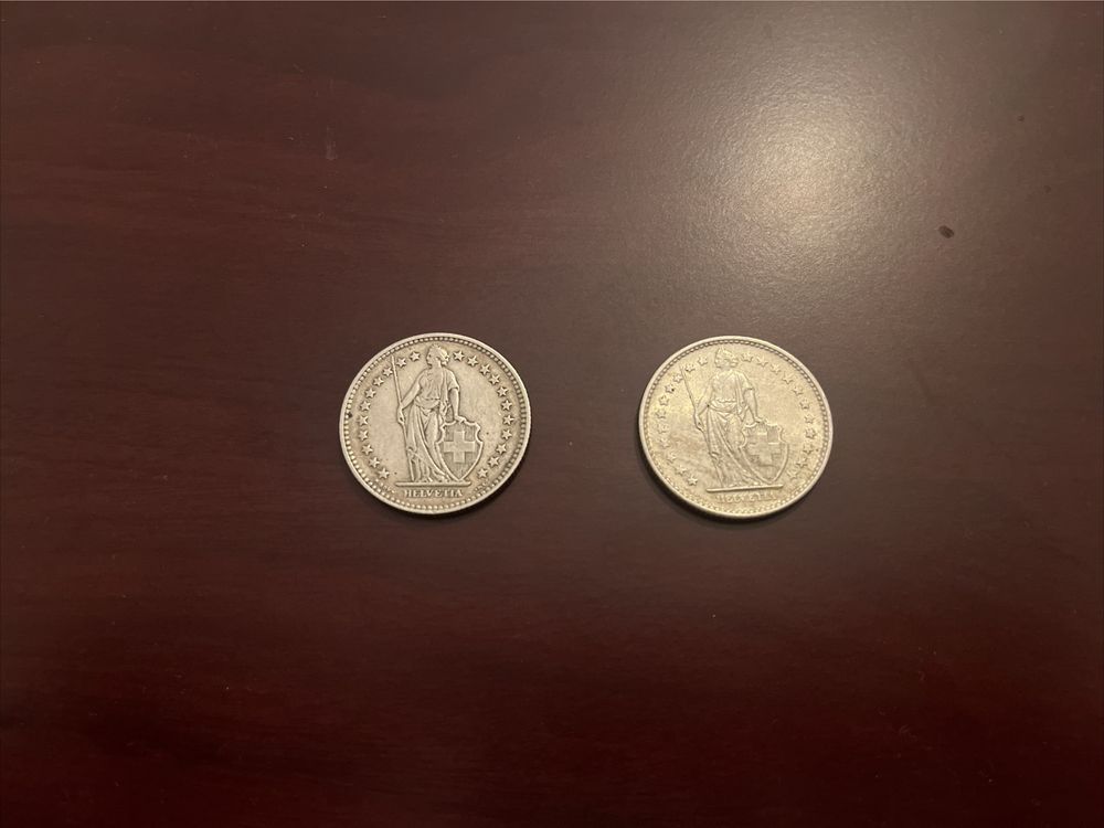 Zestaw srebrnych monet 2 Franki 1939 i 1965 Szwajcaria