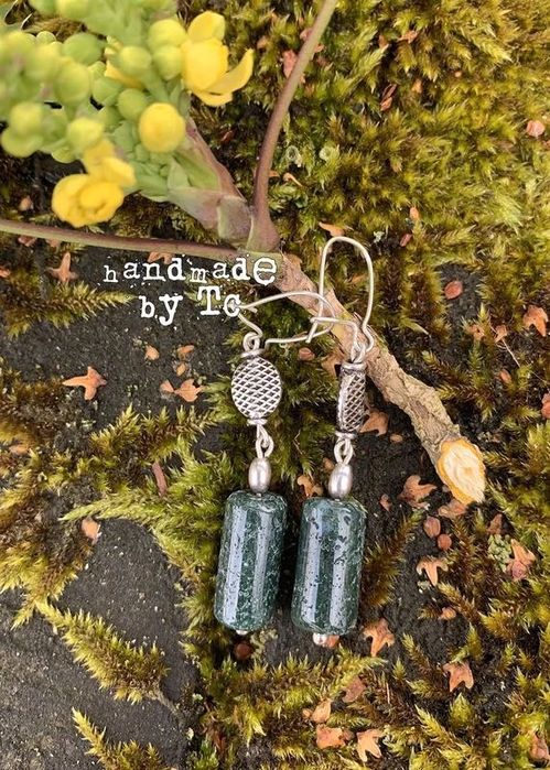Kolczyki z walcami agatu mszystego, na srebrze. Nowe, handmade