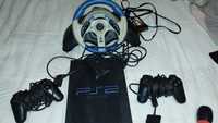 PlayStation PS2 preta com volante, pedais, câmara