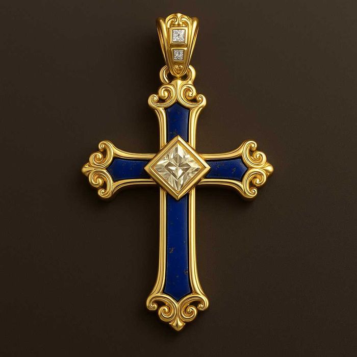 Męski krzyżyk złoty 585 z brylantami i onyksem lapis lazuli Design