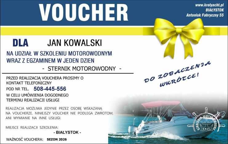 VOUCHER BON Podarunkowy Szkolenie Motorowodne - Sternik Holowanie