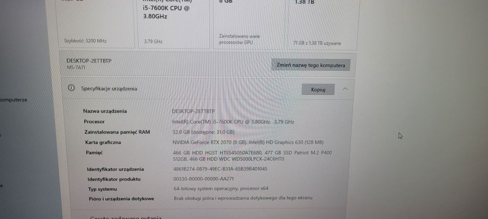 Komputer Gamingowy i5, 32ddr4, RTX 2070 8Gb, 500Gb M2, 1TB hdd, WIFI