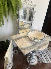 Lavatorio vintage com espelho em ferro com pedra marmore
