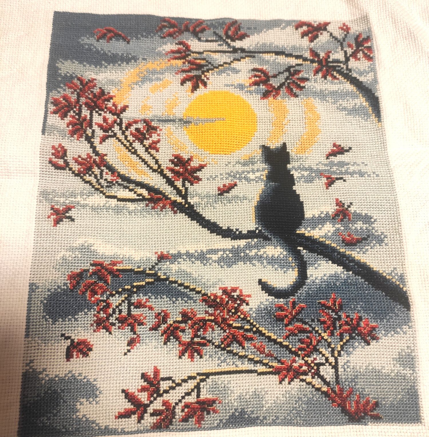 Овен. Лунный кот. Місячний кіт.Схема з тканиною і зразочками ниток.
