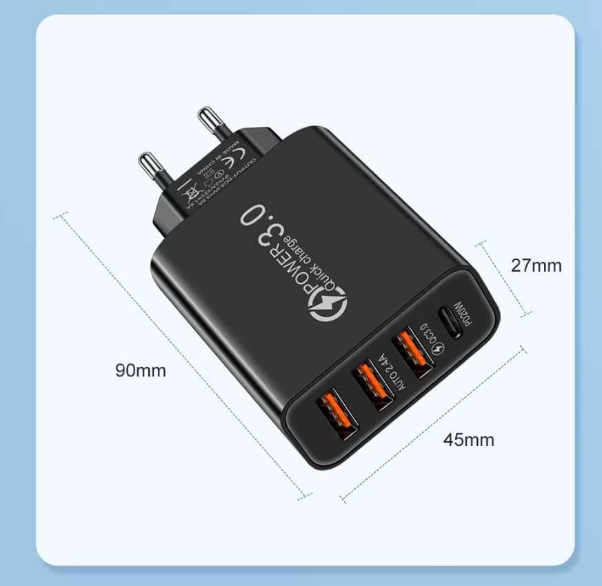 Szybka ładowarka sieciowa 48W z wieloma portami – USB-C PD + QC 3.0