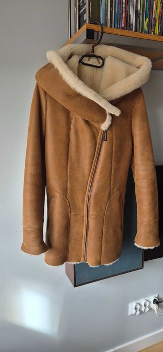 Kożuch damski rozm. S ciepły, duży kaptur Pilotka skóra owcza