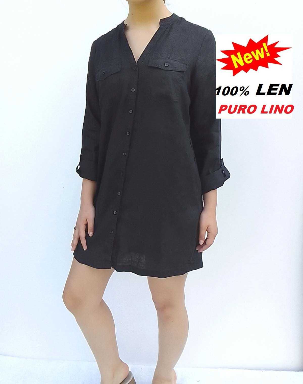 Lniana czarna nowa koszulowa sukienka 100% len puro lino S M 36 38