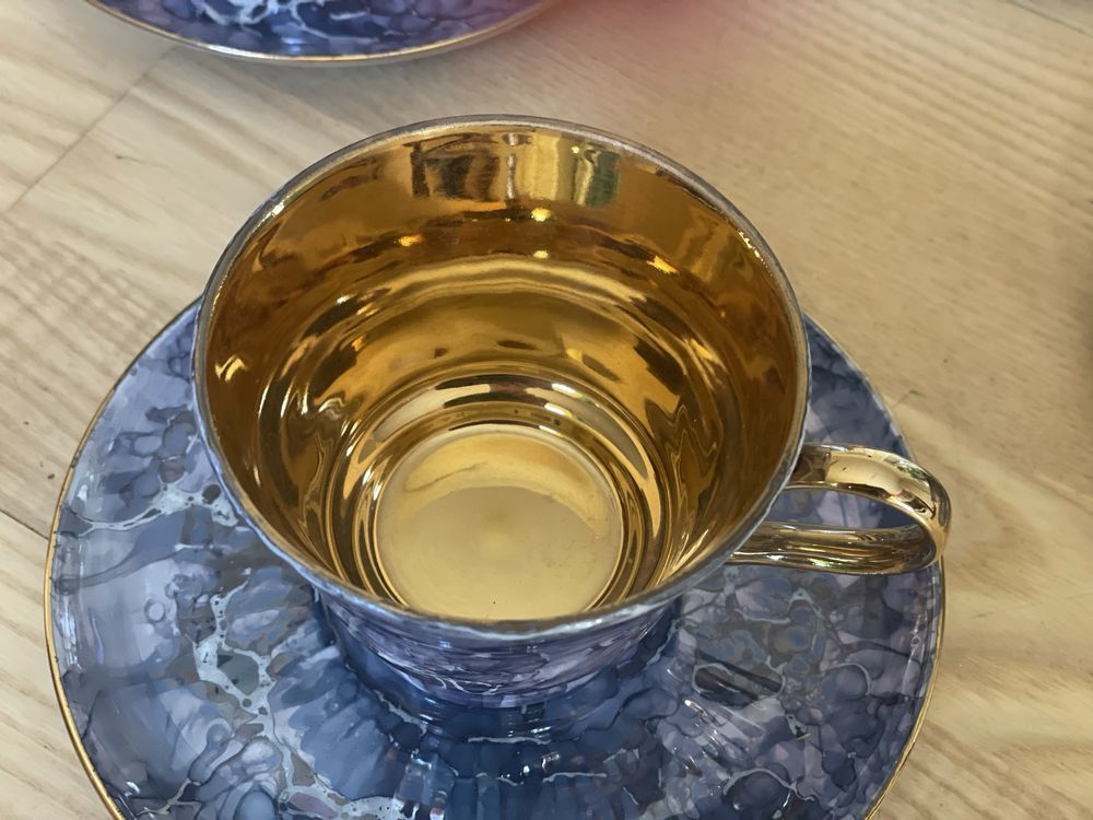 Chodzież zestaw komplet ceramiki do kawy herbaty niebieski złocony PRL