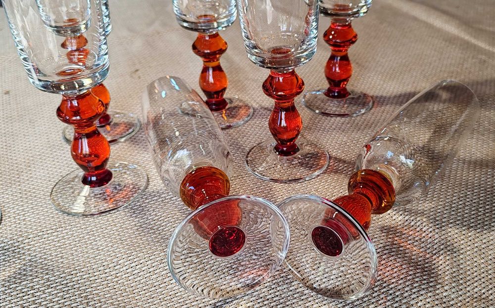 Kieliszki do szampana, pomarańczowa nóżka, Sadowski, Sudety PRL