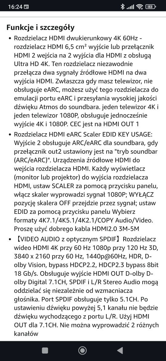 Rozdzielacz HDMI 4K 60Hz ARC/eARC