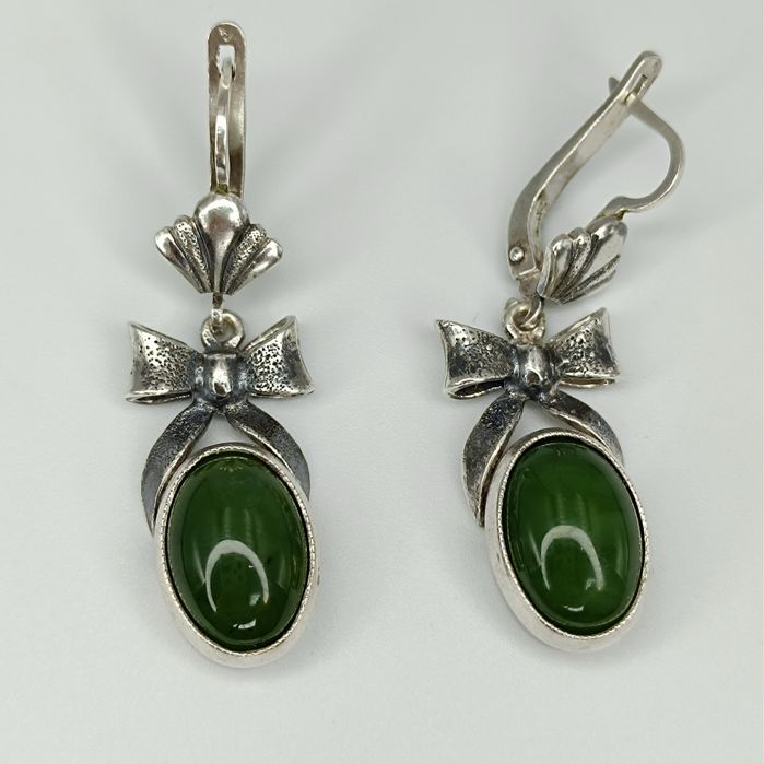 Советский серебряный набор серьги и кулон 925 пробы (:3ХЮ) с нефритом