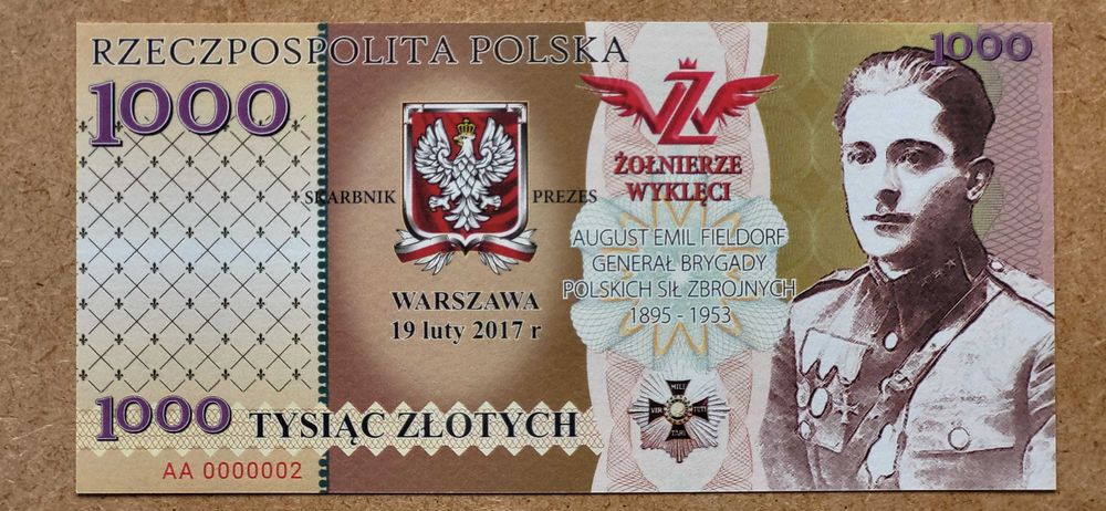 Banknot 1000zł Żołnierze Wyklęci gen. August Emil Fieldorf ps.Nil 2017