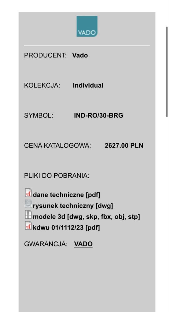 Deszczownica Vado Individual 30cm złoto szczotkowane gwarancja