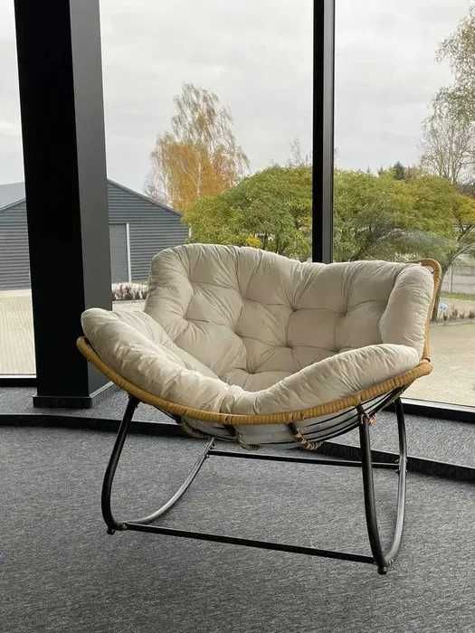 Fotel Bujany Sofa Z Rattanu I Poduszka XXL - Beżowy / Szary 100x100x80